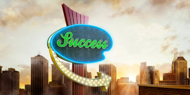 a neon road sign pointing to success