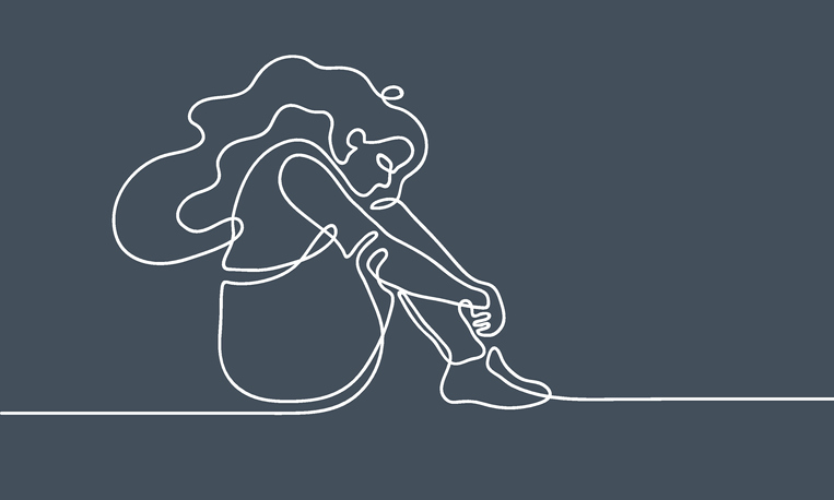 Continuous line drawing of a dejected girl curled into her kneels