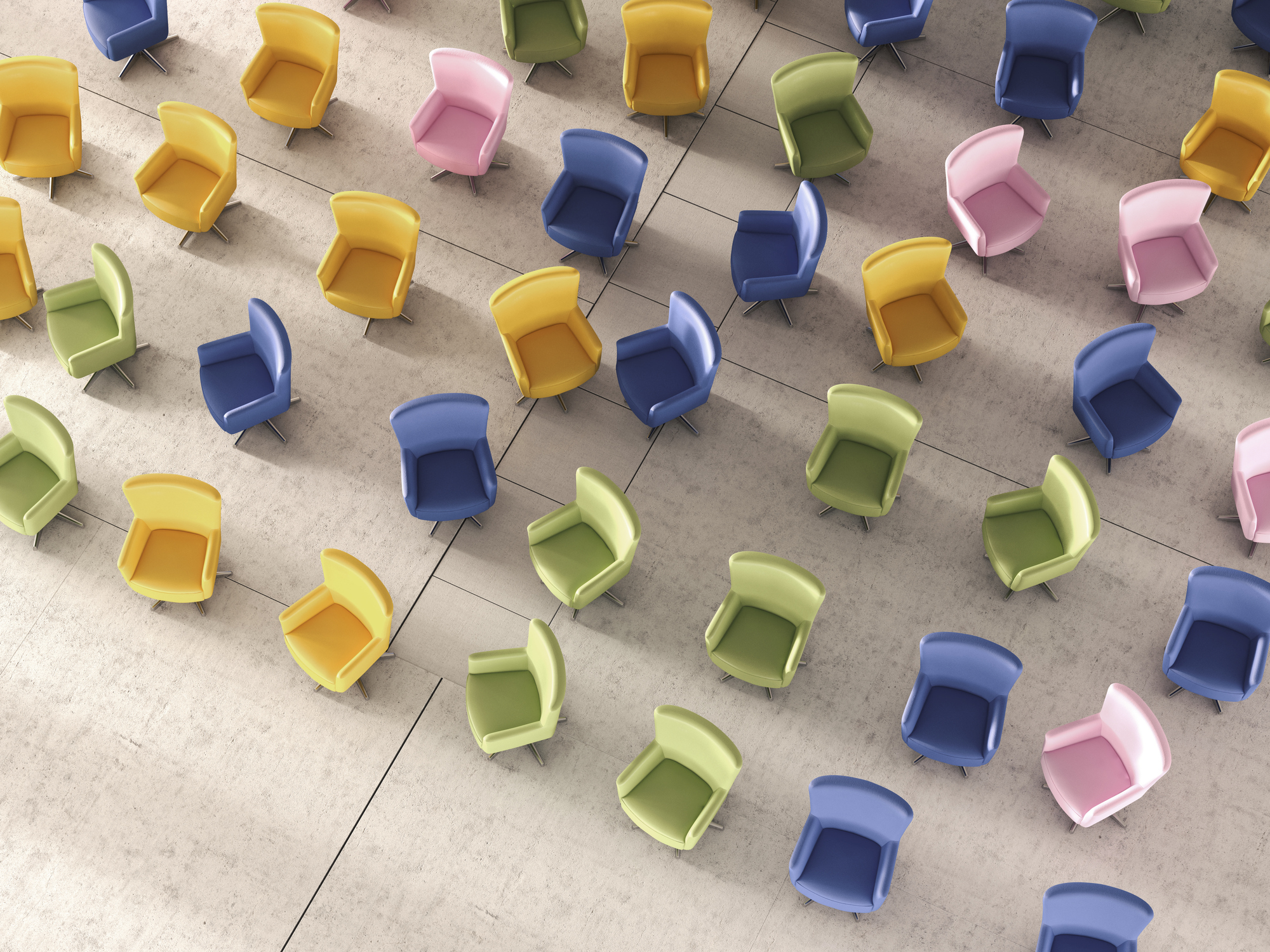 yellow, green, blue and pink chairs in rows