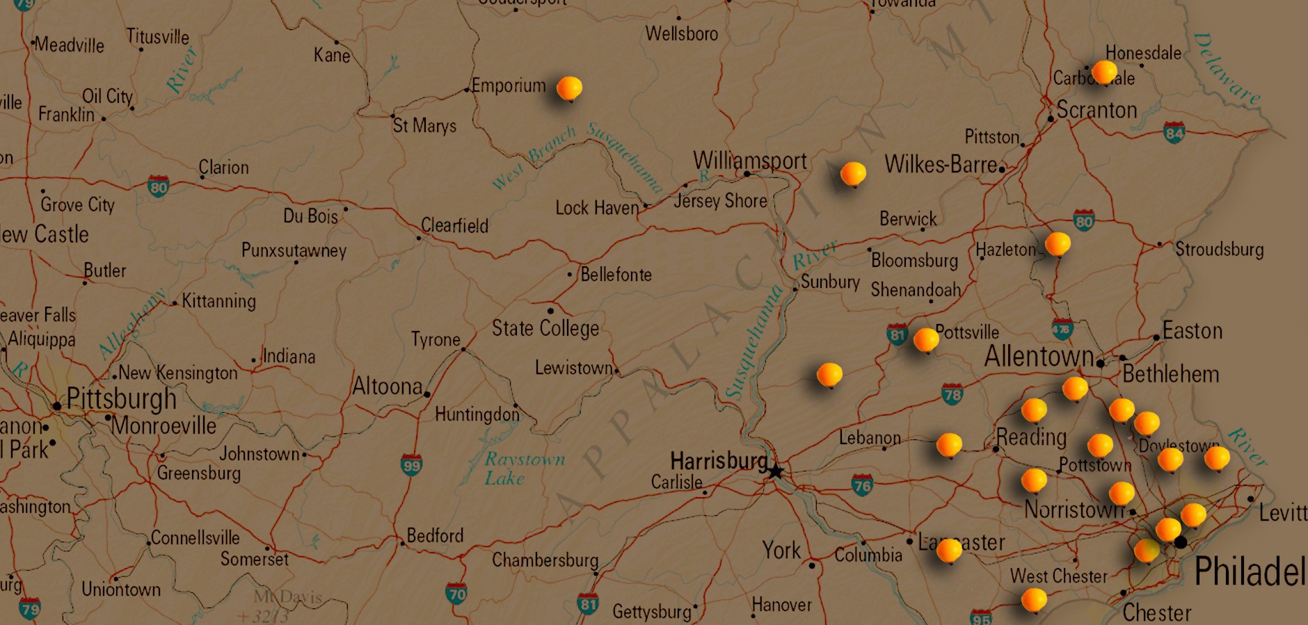 map of pinpoints around pennsylvania