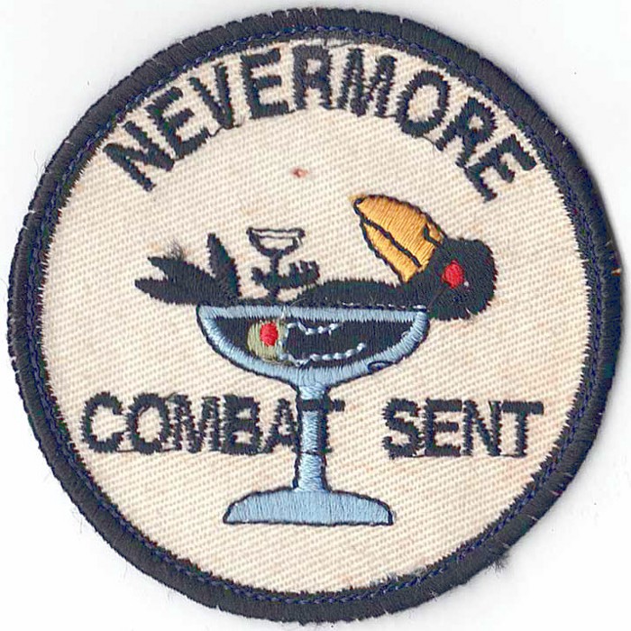 patch with a raven in a martini glass holding a martini glass saying "Nevermore - Combat Sent"