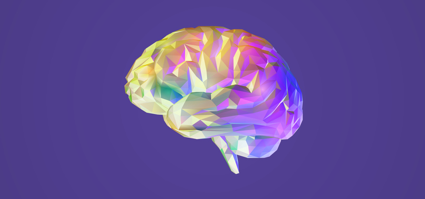 a rainbow-colored brain on a purple backdrop