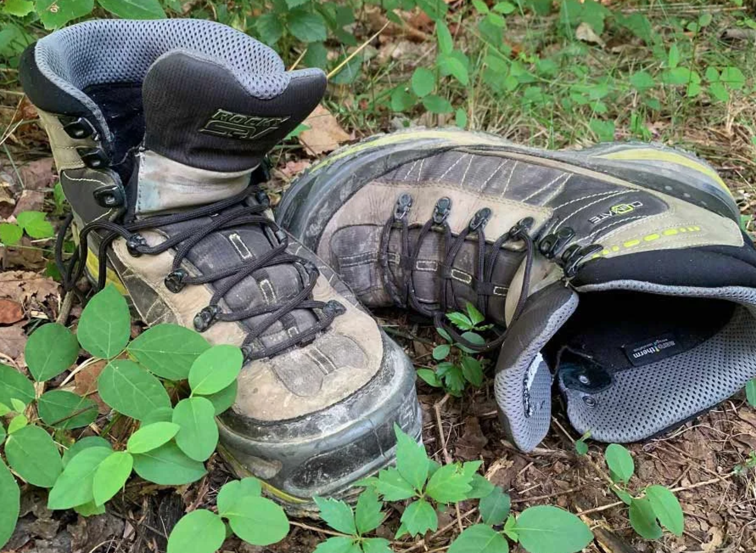 hiking boots on a forest floor