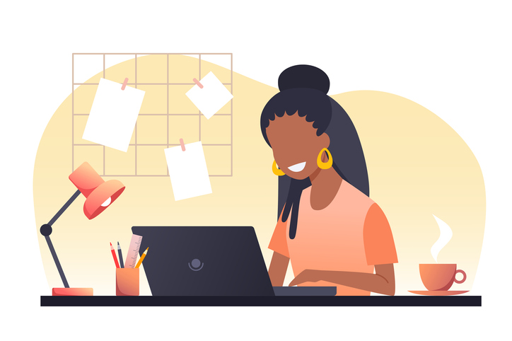 illustration of woman smiling at home desk