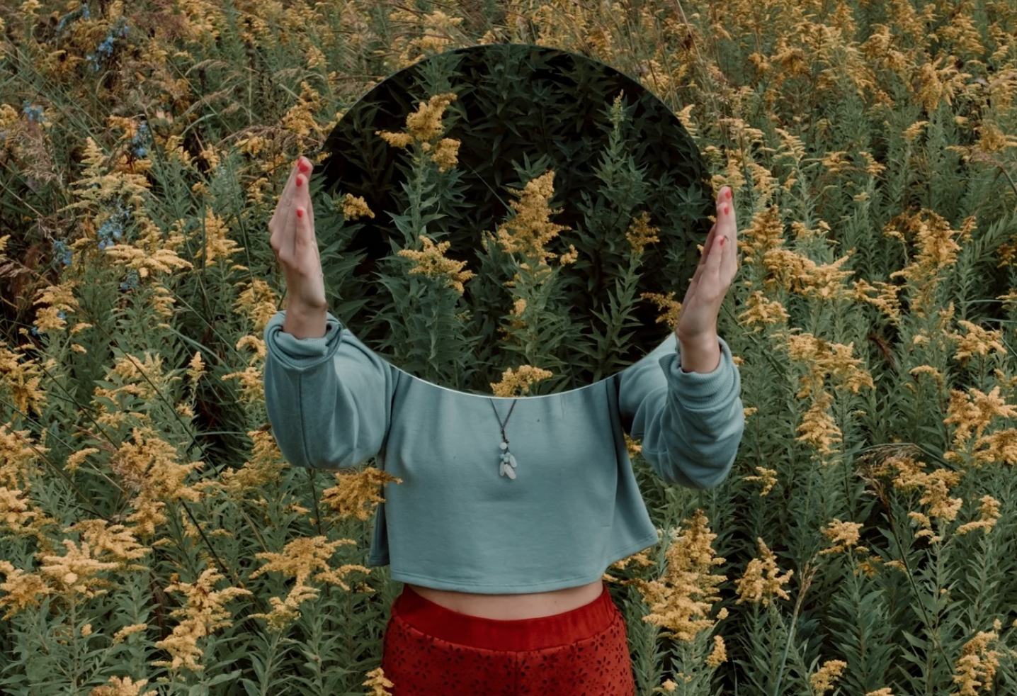 person holding a mirror in a field of flowers