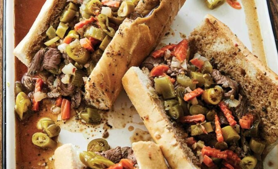 meat, veggies and bread on a pan 