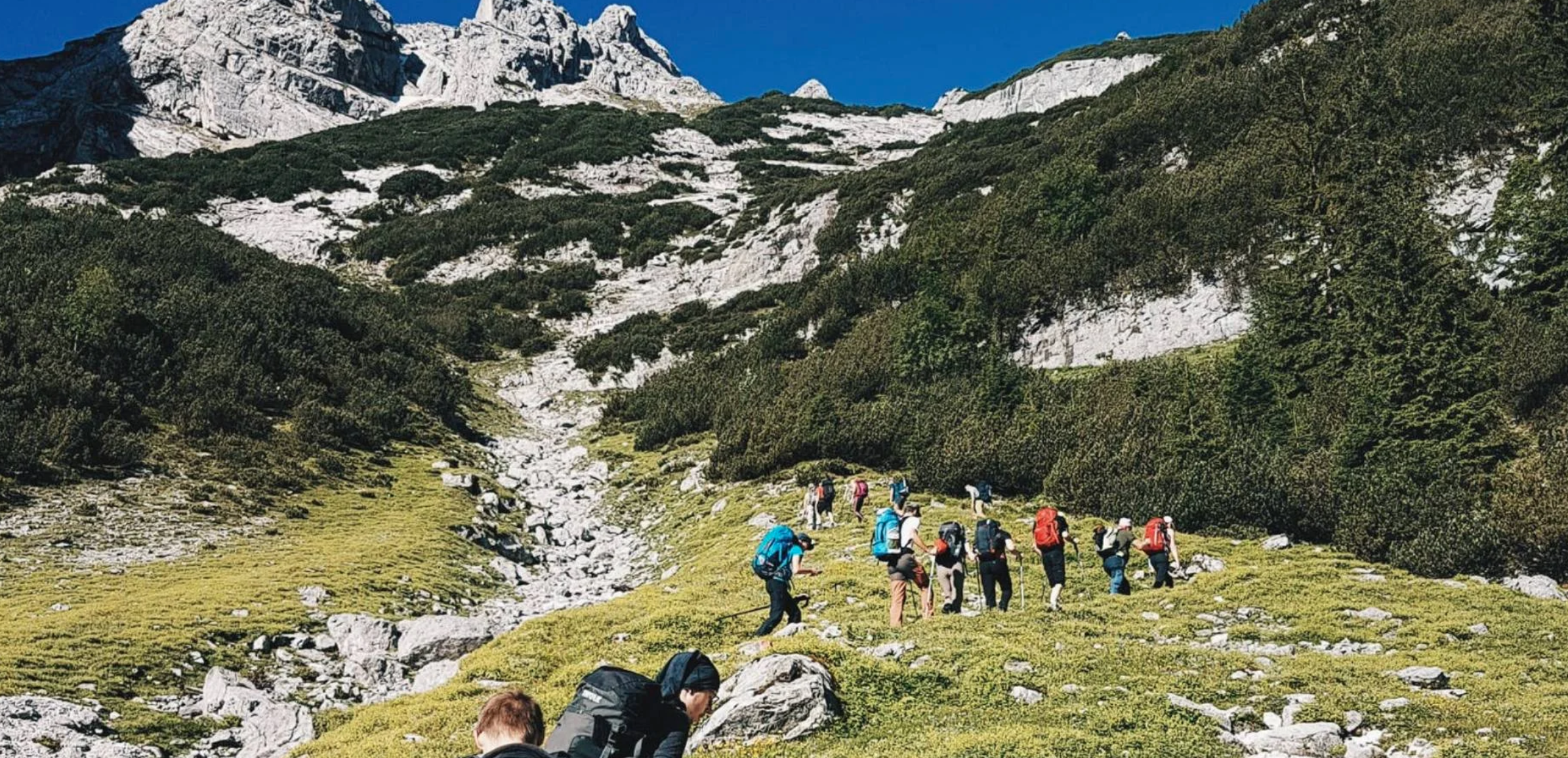 people walking in a single file up a mountain trail