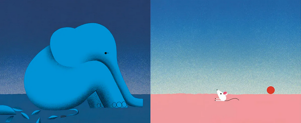 illustration of an elephant feeling sad while a mouse looks on from a sunnier spot