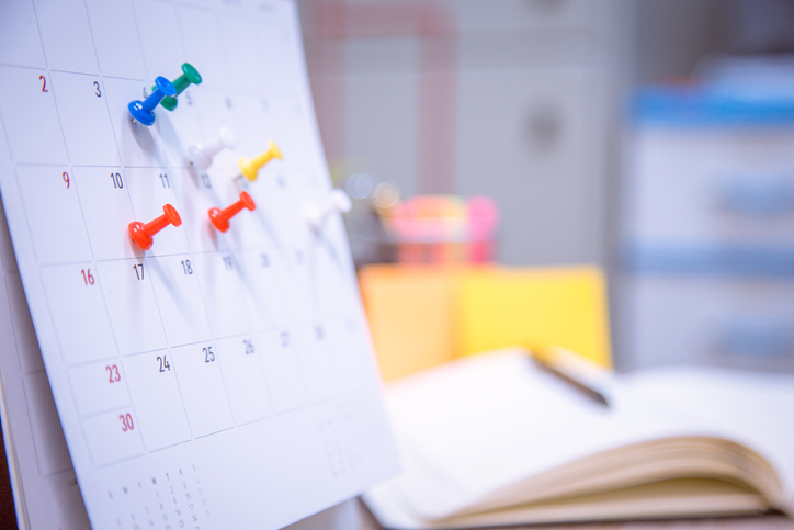 a calendar marked with push pins