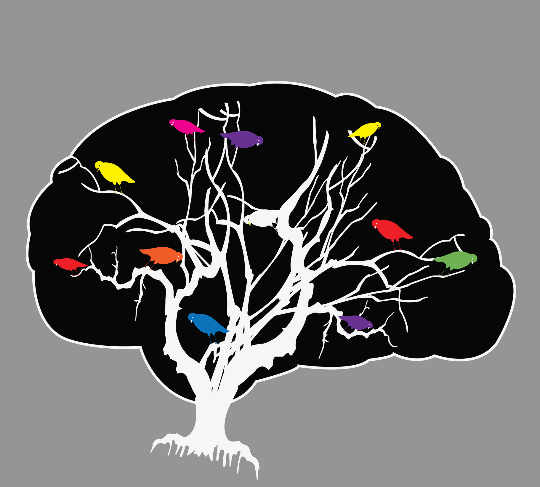 birds on a tree in the shape of a brain