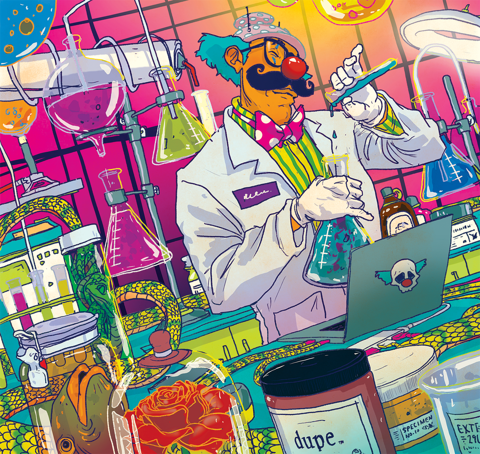 Illustration of a clown in a science laboratory