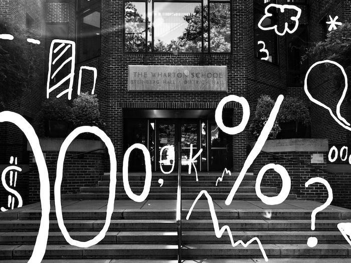 front doors of Wharton Business School with drawings of charts, numbers etc over it