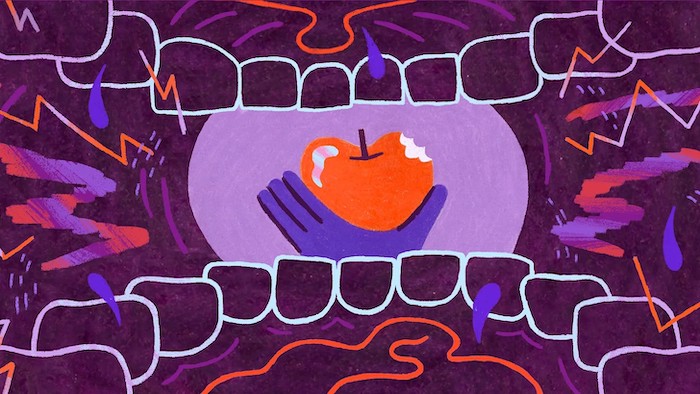 illustration of apple going into mouth