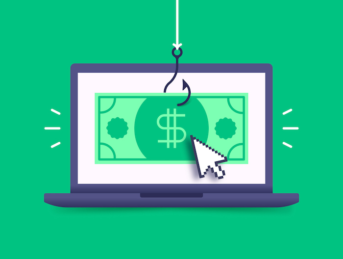 illustration of dollar bill on laptop screen, fish hook attached to it